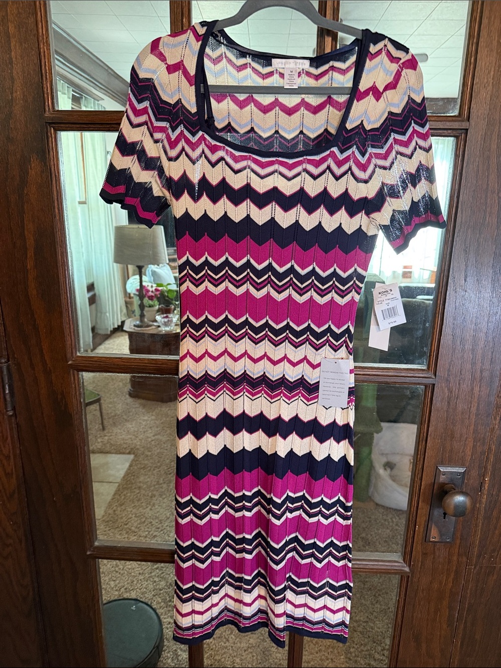 London‎ Times Fuchsia Chevron Knit Square Neck Sheath Dress T7803MKH Size M NWT
